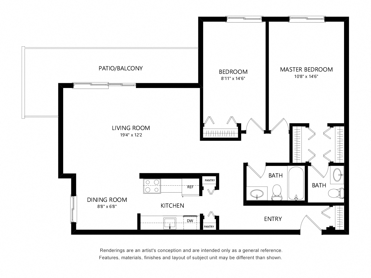 Floor plan for 2 beds, 1.5 baths, 1044 sqft