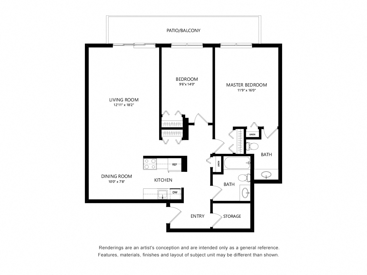 Floor plan for 2 beds, 1.5 baths, 1057 sqft