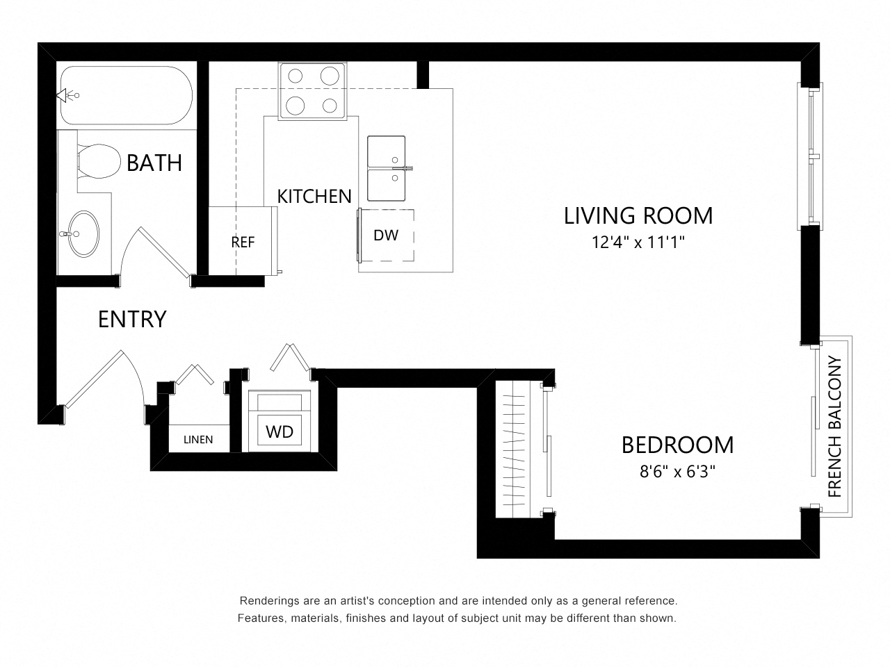 Floor plan for studio, 1 bath, 429 sqft