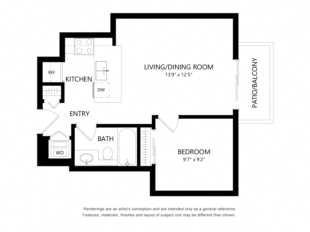 Floor plan for 1 bed, 1 bath, 500 sqft