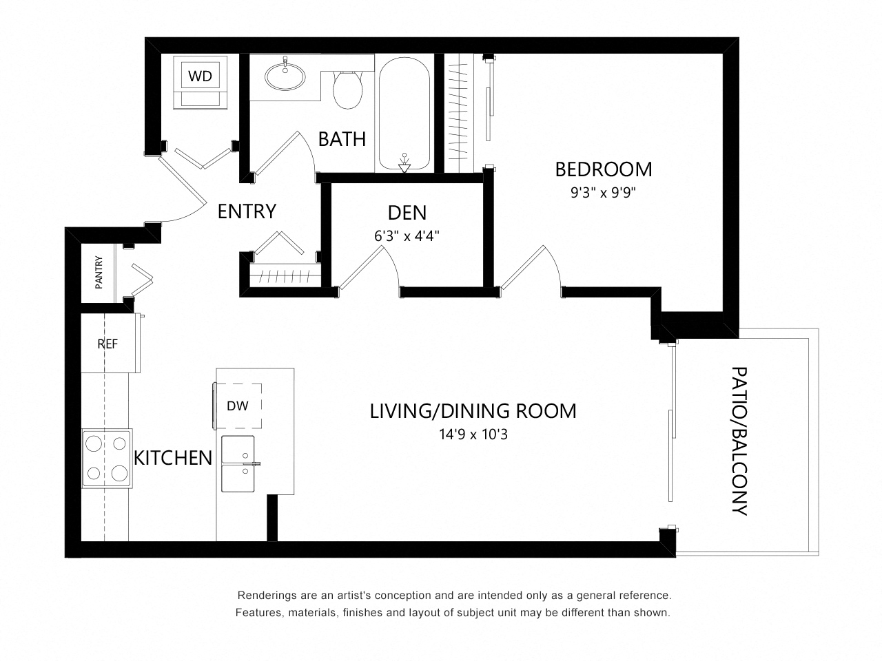 Floor plan for 1 bed, 1 bath, 525 sqft