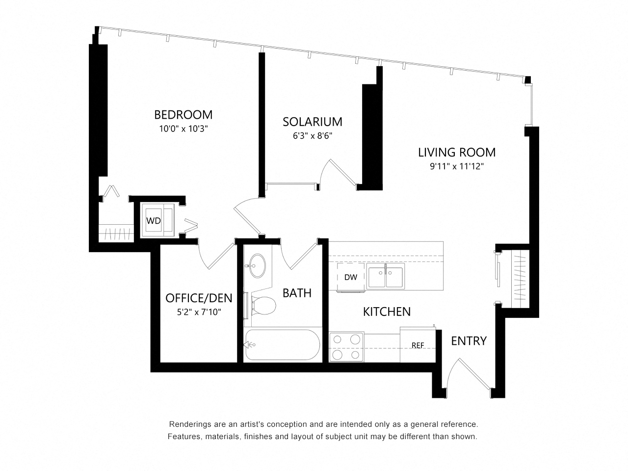 Floor plan for 1 bed, 1 bath, 619 sqft