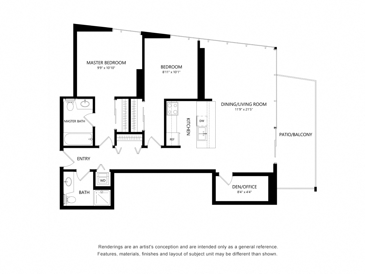 Floor plan for 2 beds, 2 baths, 921 sqft