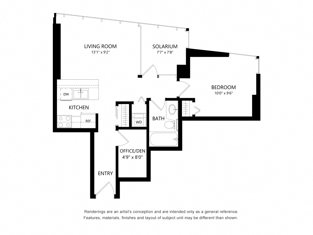 Floor plan for 1 bed, 1 bath, 657 sqft