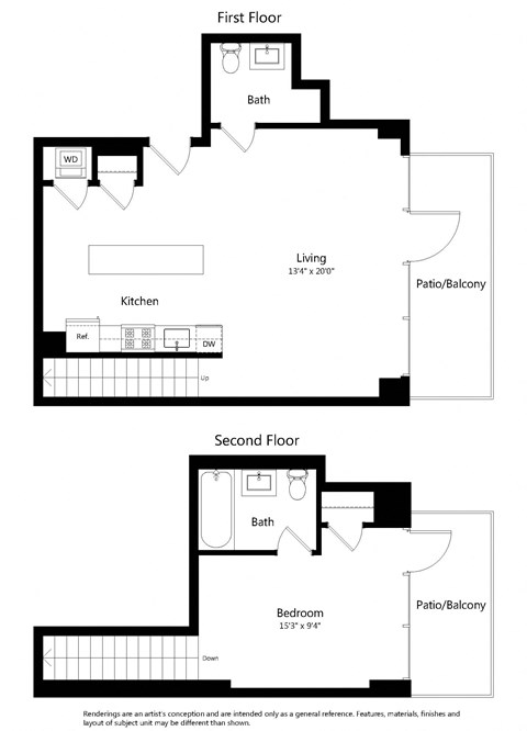 Floor plan for 1 bed, 1.5 baths