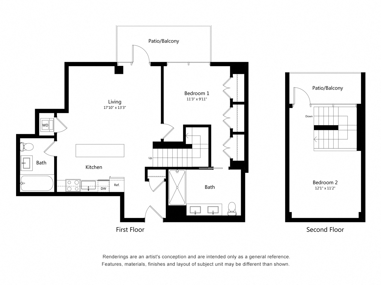 Floor plan for 1 bed, 2 baths, 1159 sqft