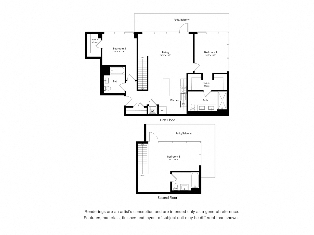 Floor plan for 2 beds, 3 baths, 1506 sqft