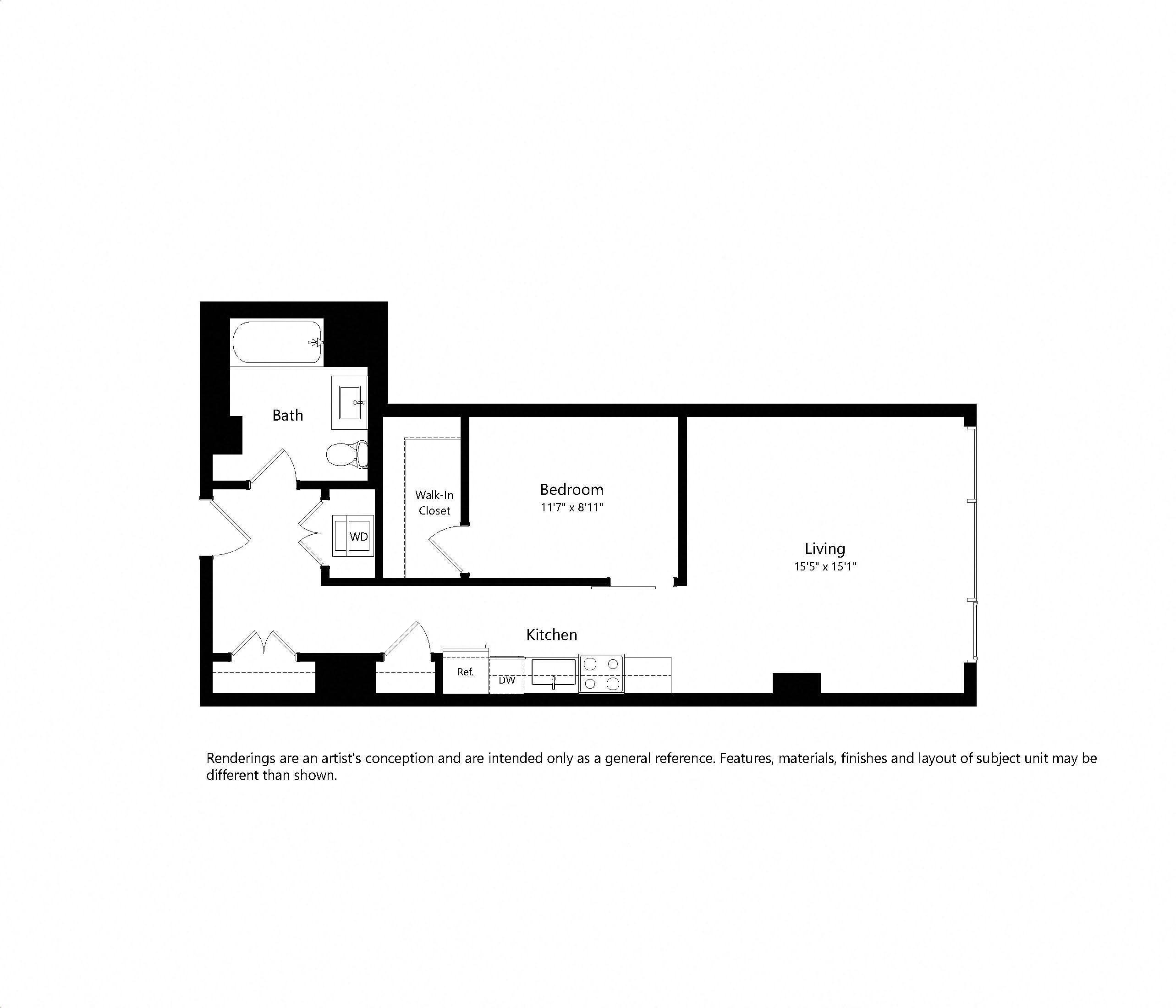 Floor plan for 1 bed, 1 bath, 709 sqft
