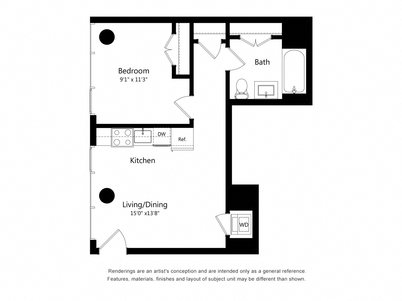 Floor plan for 1 bed, 1 bath, 660 sqft