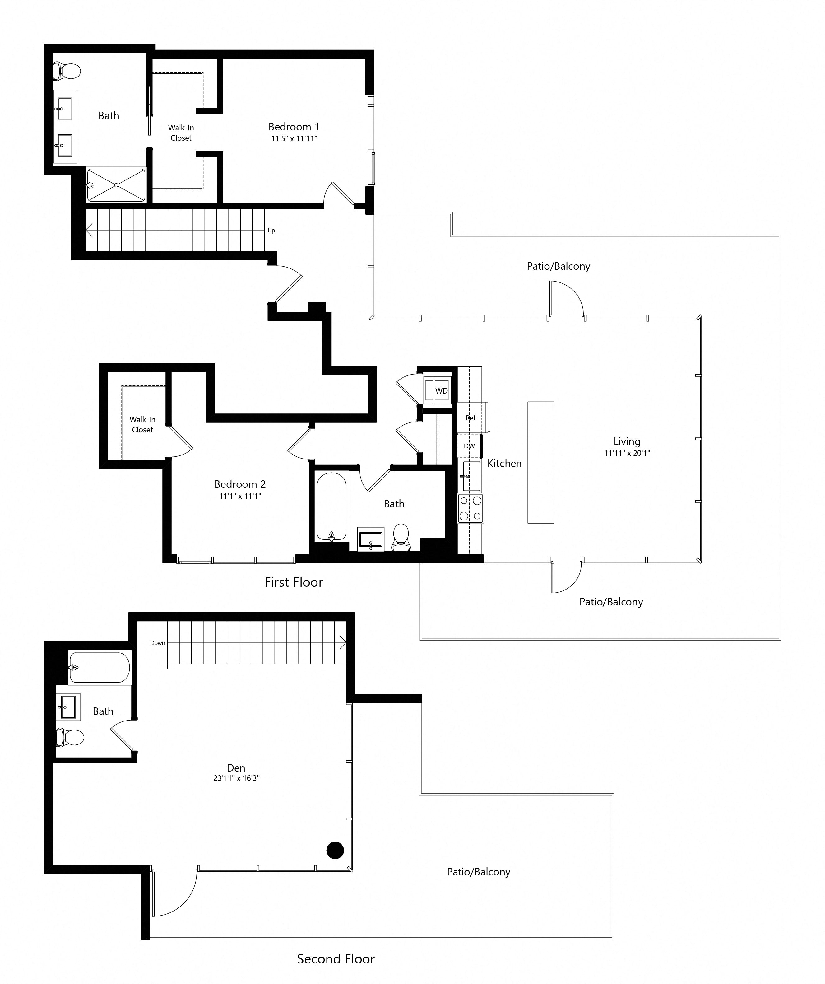Floor plan for 2 beds, 3 baths, 1757 sqft