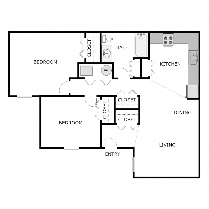 Floor plan for 2 beds, 1 bath, 916 sqft