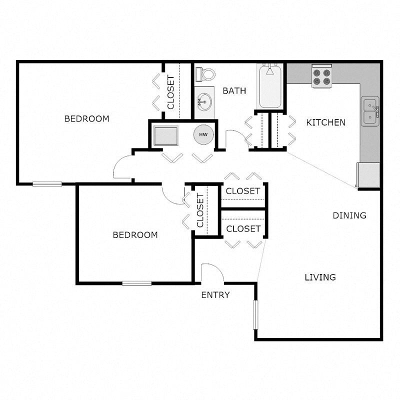 Floor plan for 2 beds, 1 bath, 916 sqft