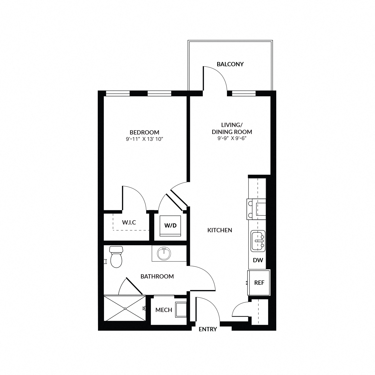 Floor plan for 1 bed, 1 bath, 628 sqft