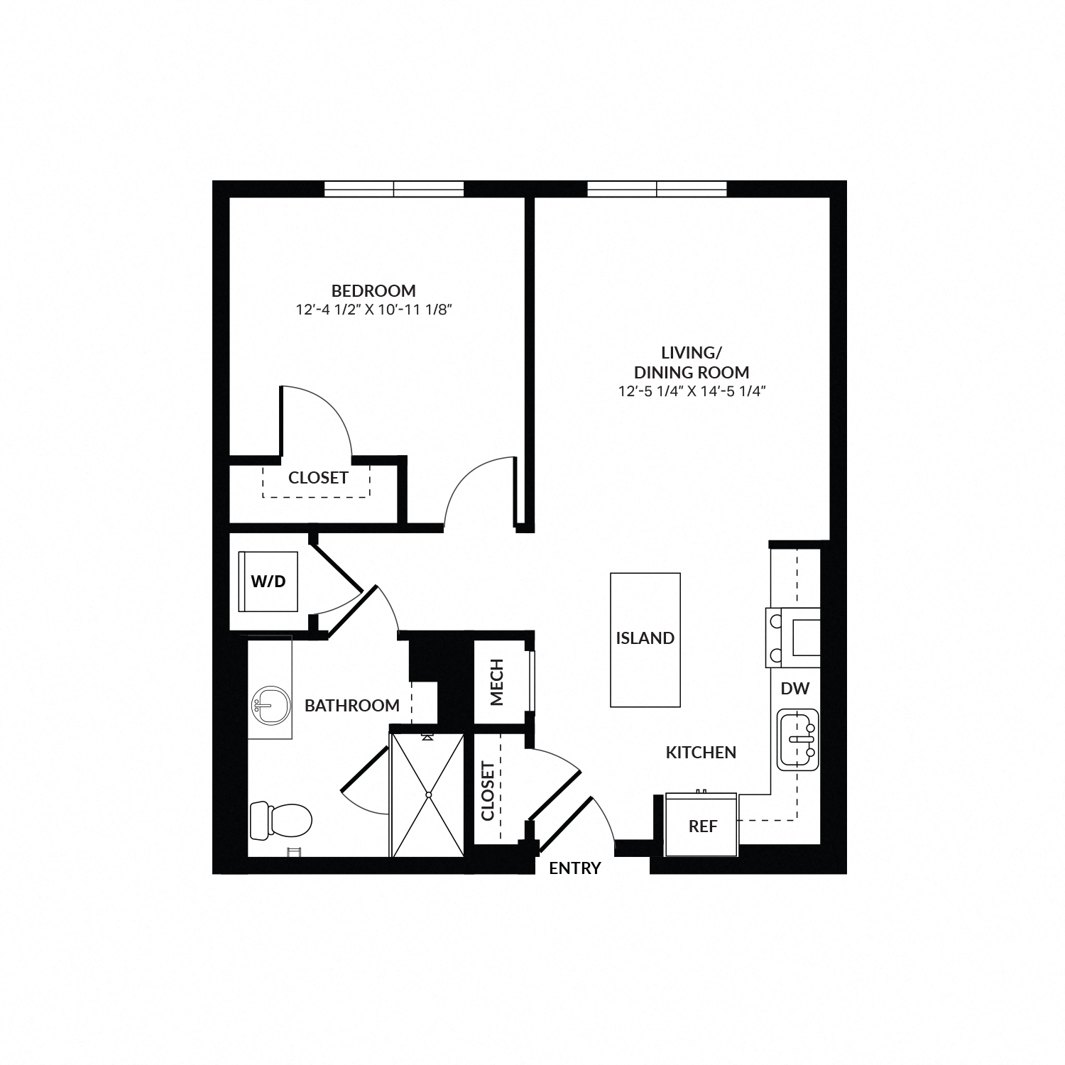 Floor plan for 1 bed, 1 bath, 784 sqft
