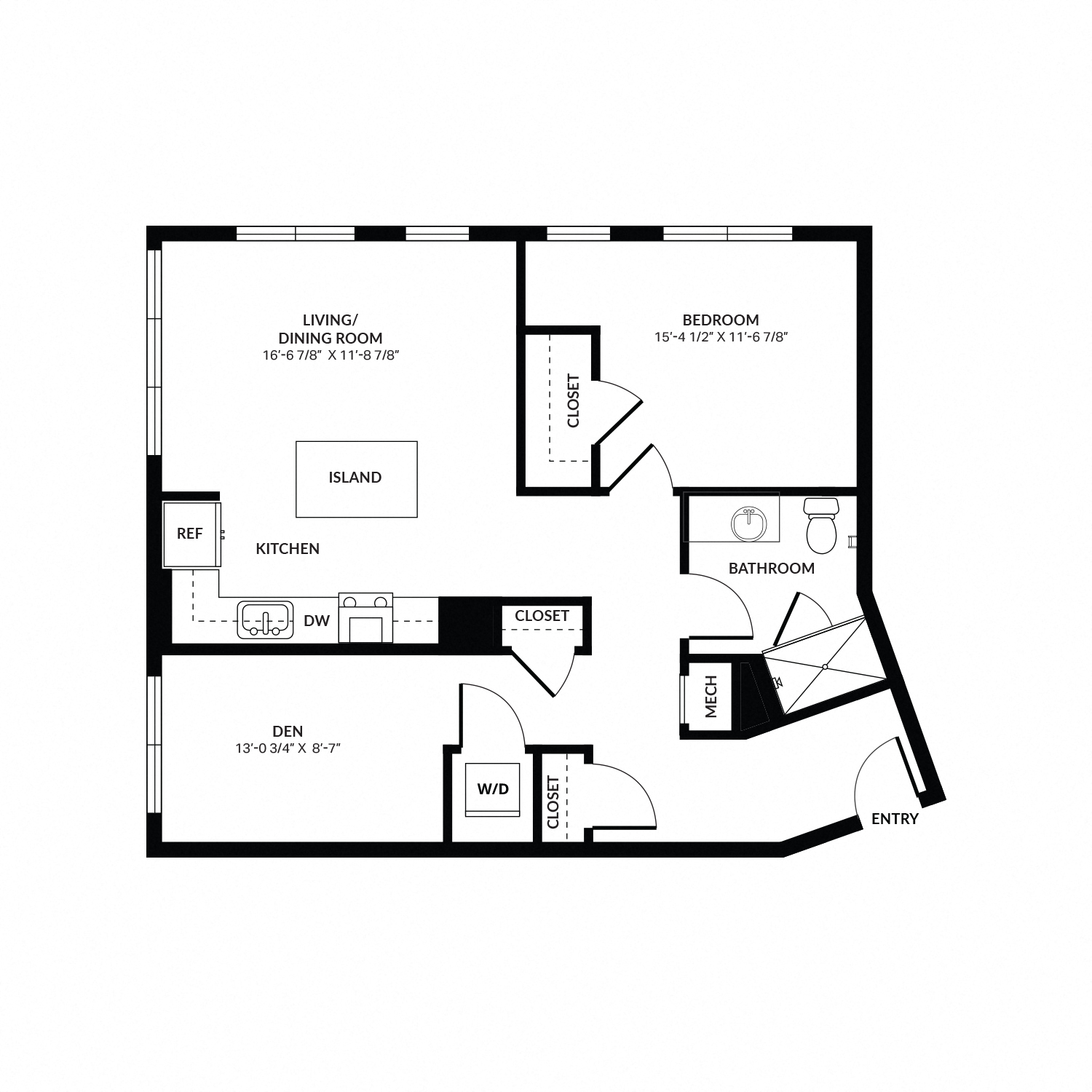 Floor plan for 1 bed, 1 bath, 1011 sqft