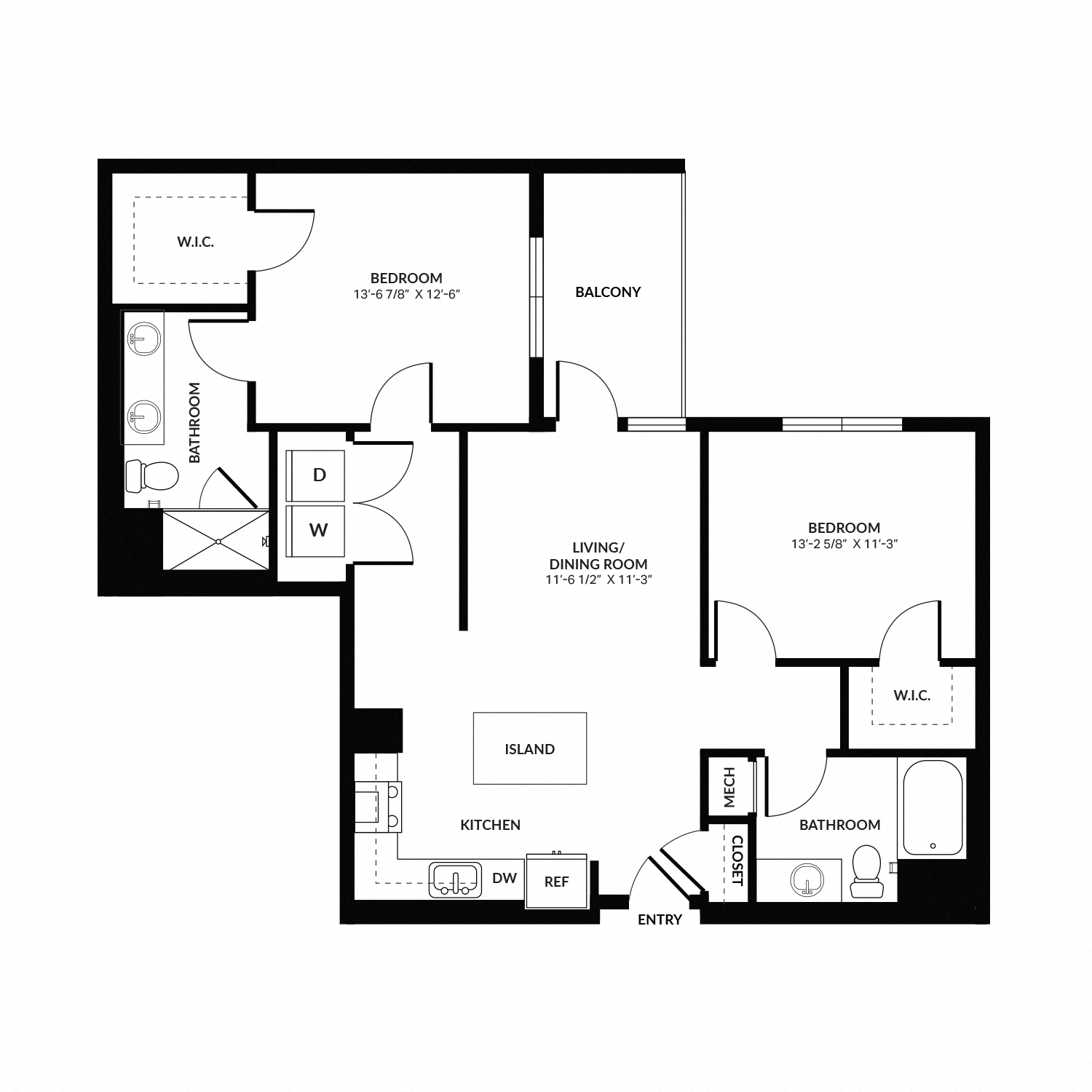 Floor plan for 2 beds, 2 baths, 1150 sqft