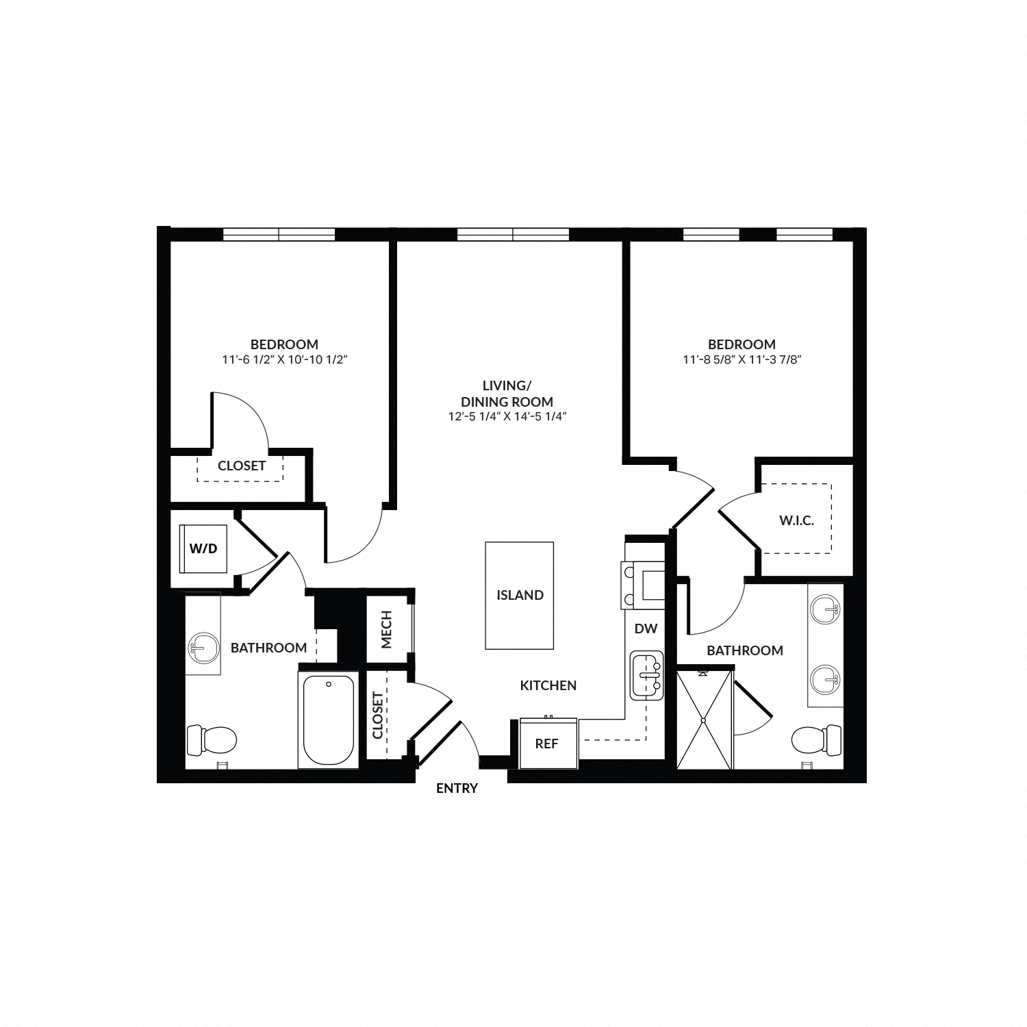 Floor plan for 2 beds, 2 baths, 1104 sqft