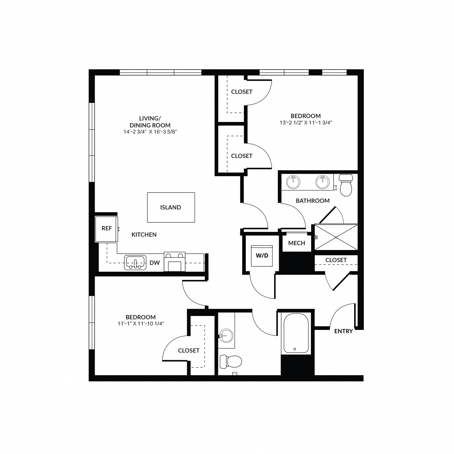 Floor plan for 2 beds, 2 baths, 1153 sqft
