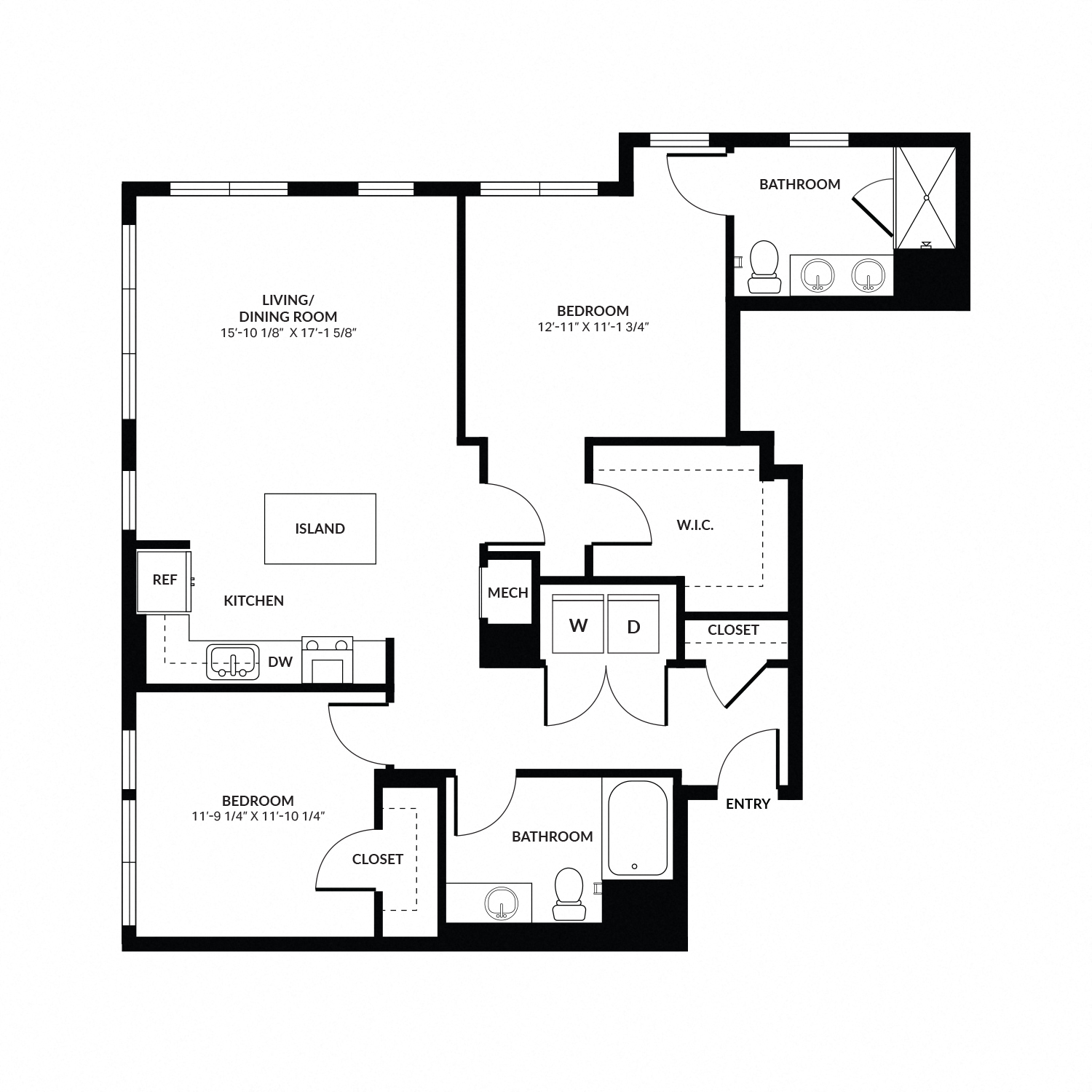 Floor plan for 2 beds, 2 baths, 1286 sqft
