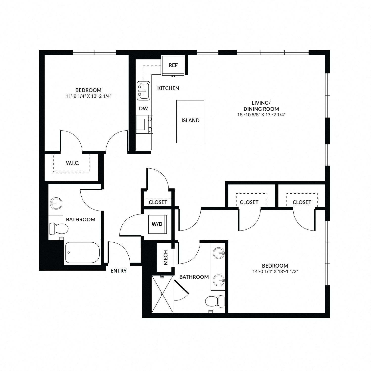 Floor plan for 2 beds, 2 baths, 1336 sqft