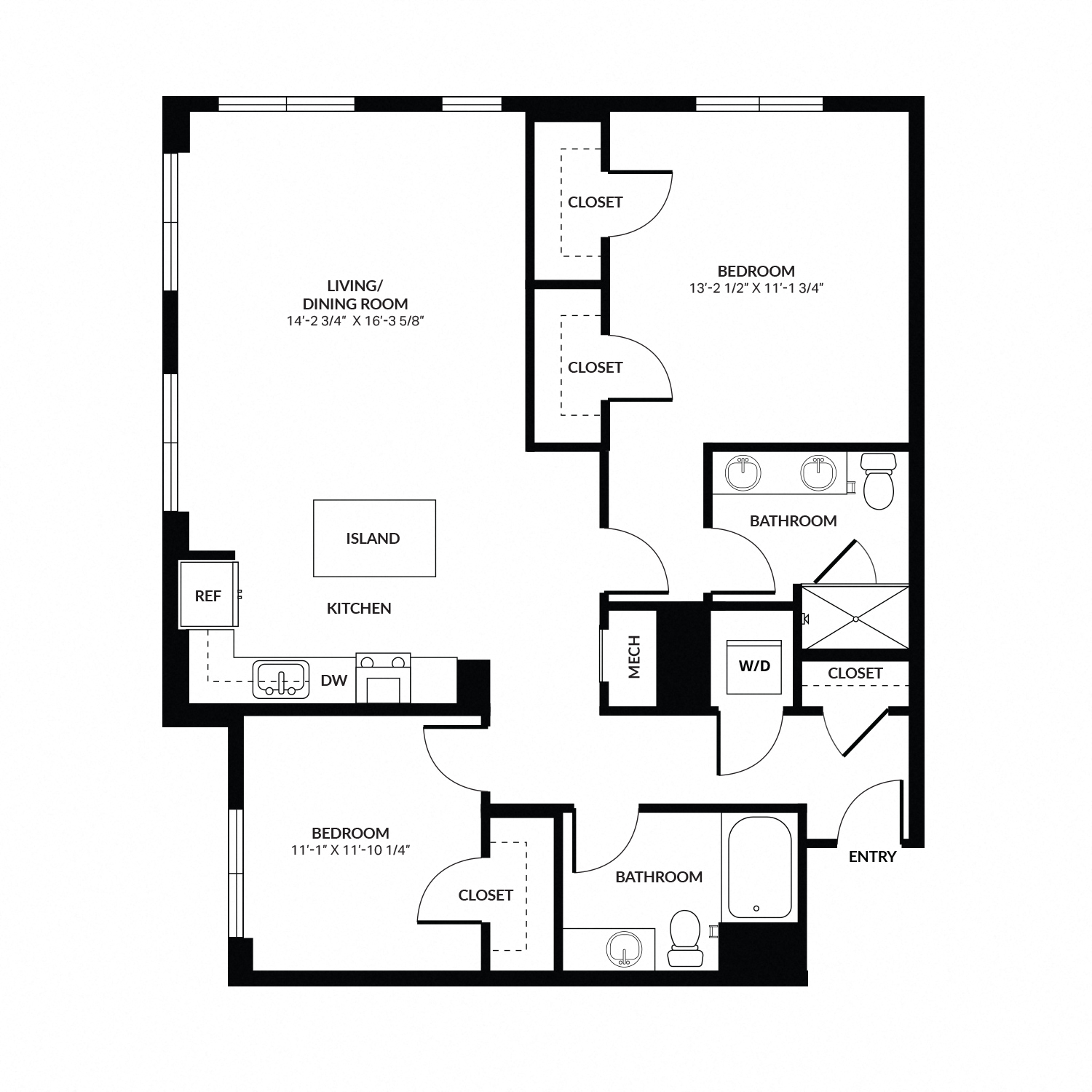Floor plan for 2 beds, 2 baths, 1371 sqft