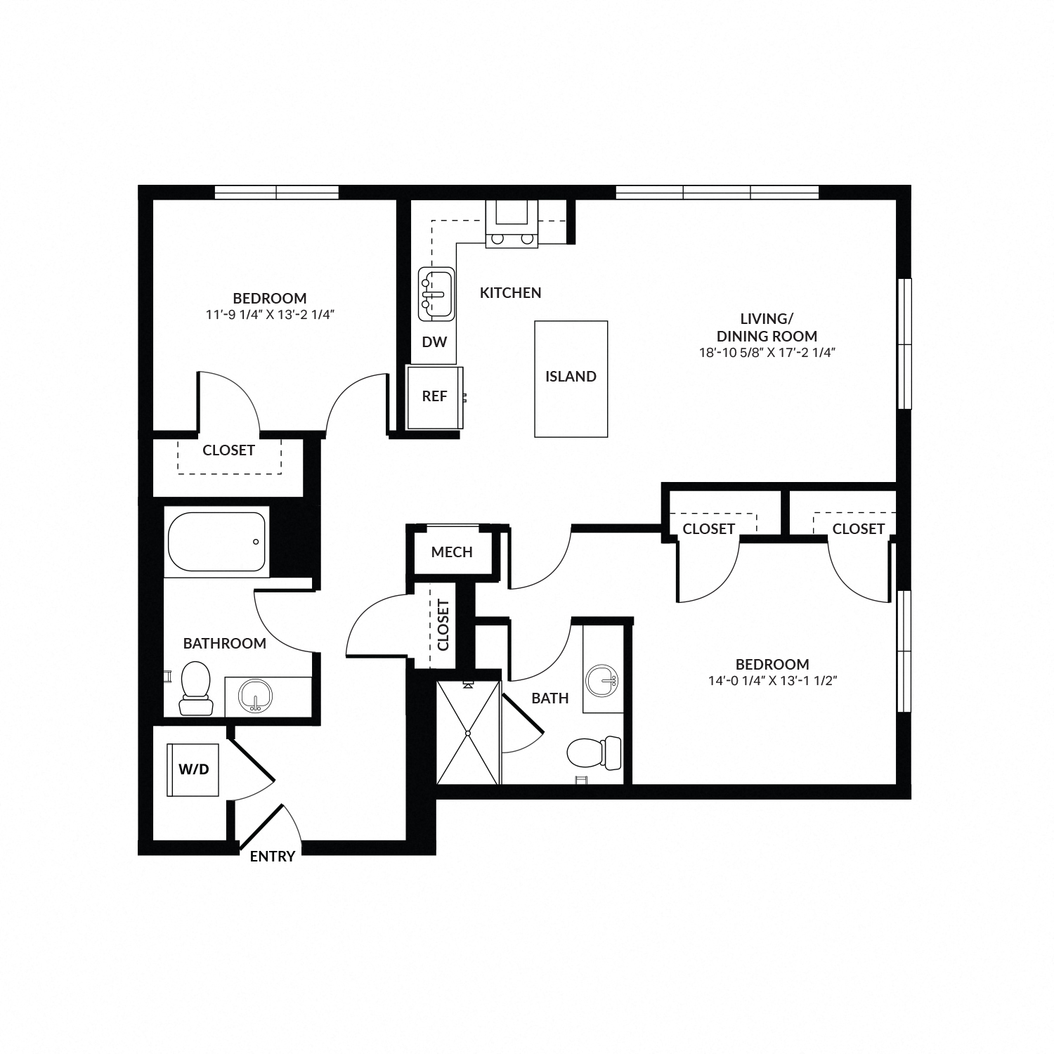 Floor plan for 2 beds, 2 baths, 1204 sqft