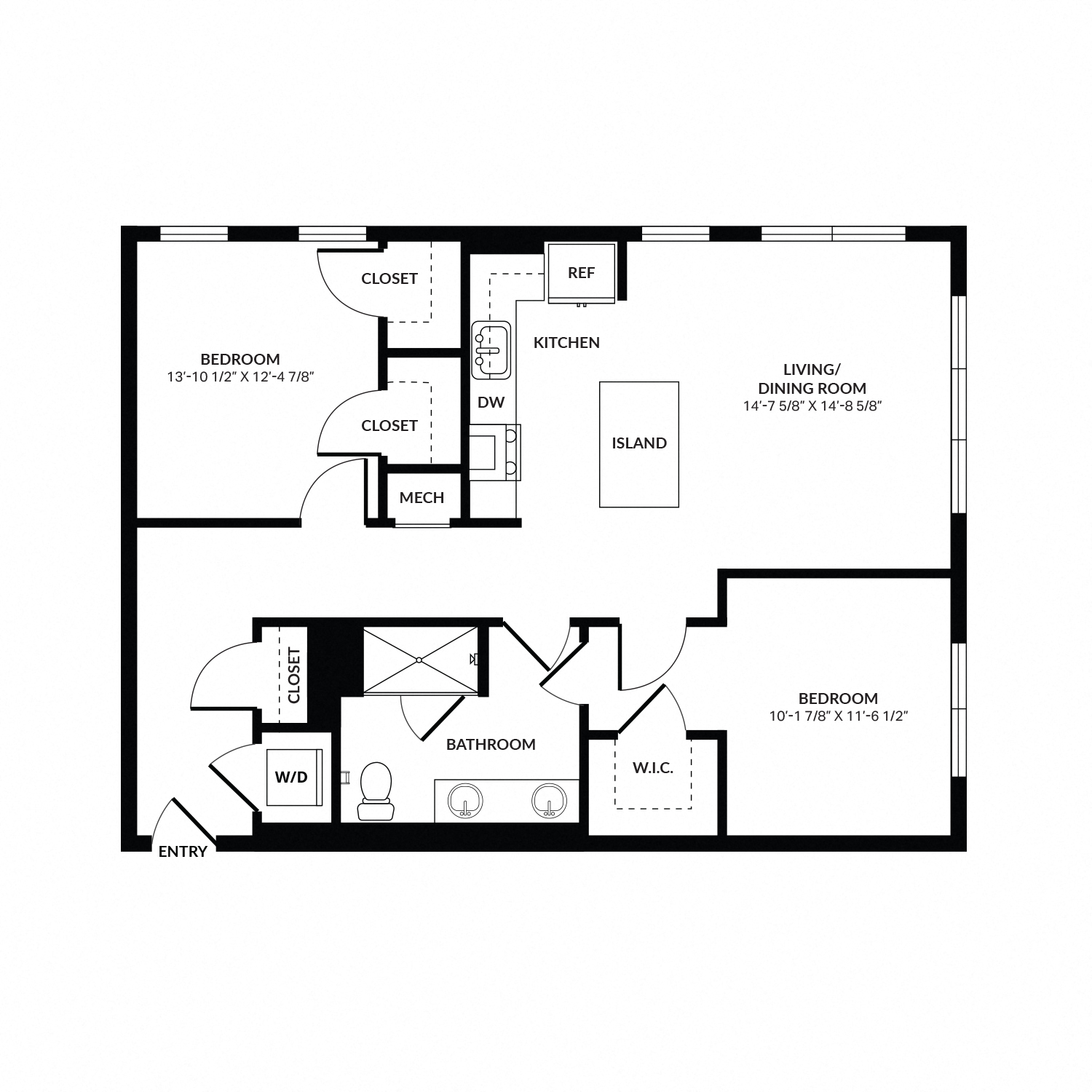 Floor plan for 2 beds, 1 bath, 1031 sqft