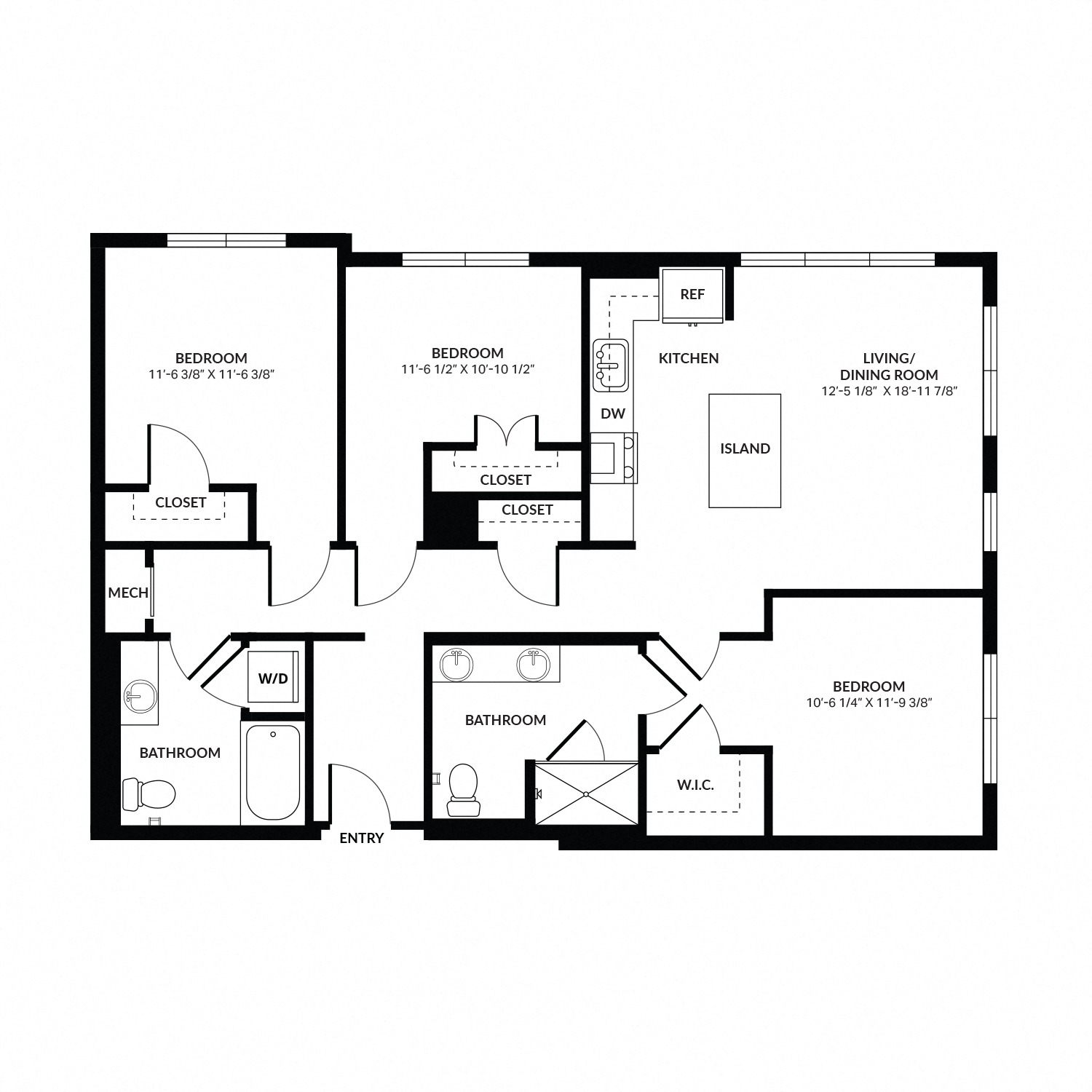 Floor plan for 3 beds, 2 baths, 1408 sqft