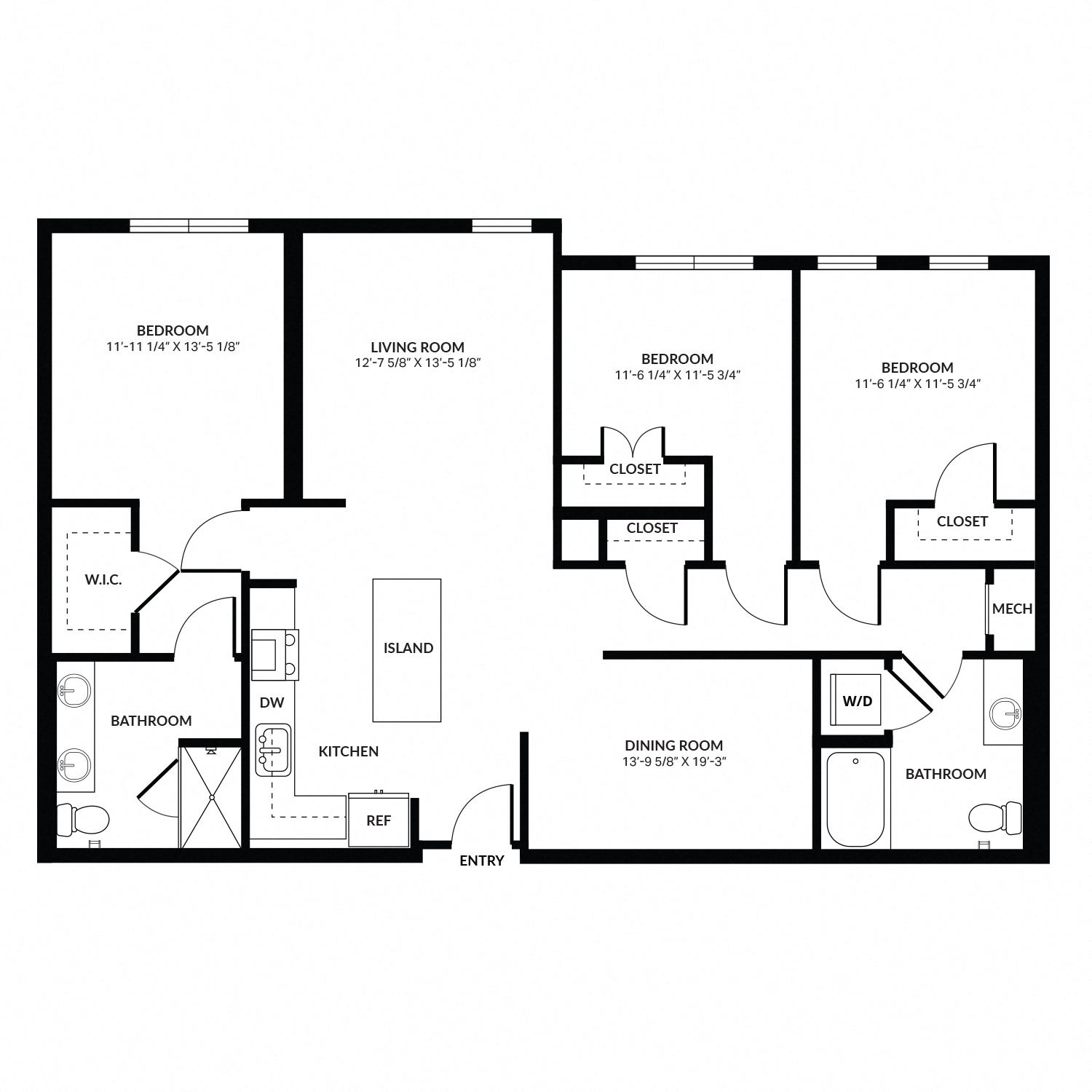 Floor plan for 3 beds, 2 baths, 1553 sqft