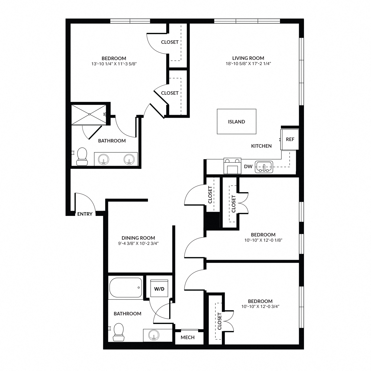 Floor plan for 3 beds, 2 baths, 1560 sqft