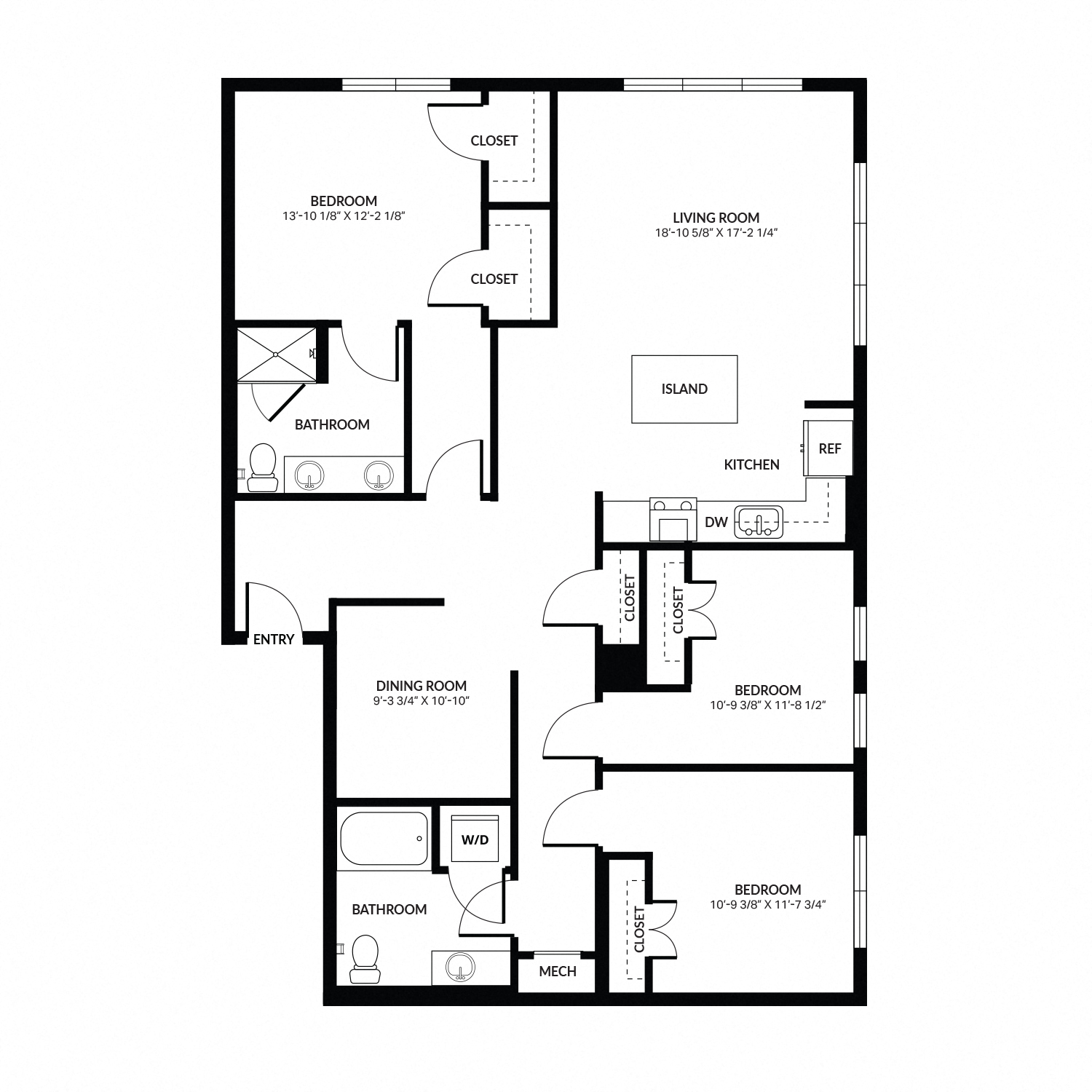 Floor plan for 3 beds, 2 baths, 1750 sqft