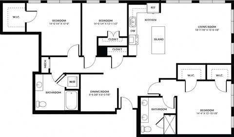 Floor plan for 3 beds, 2 baths, 1734 sqft