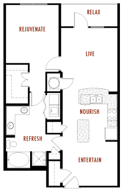 Floor plan for 1 bed, 1 bath, 956 sqft