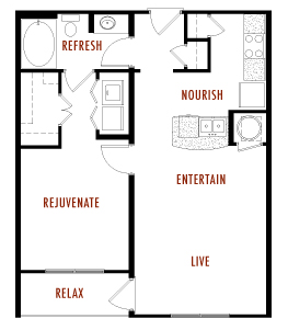 Floor plan for 1 bed, 1 bath, 791 sqft