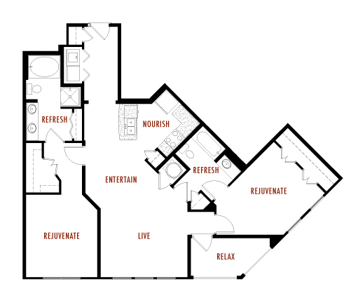 Floor plan for 2 beds, 2 baths, 1288 sqft