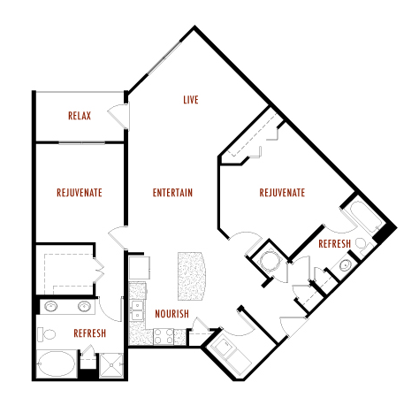 Floor plan for 2 beds, 2 baths, 1348 sqft