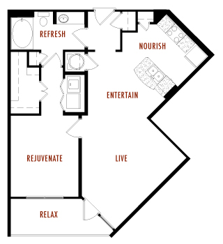Floor plan for 1 bed, 1 bath, 925 sqft