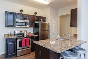 Victor apartment for rent - a kitchen with stainless steel appliances and granite counter tops