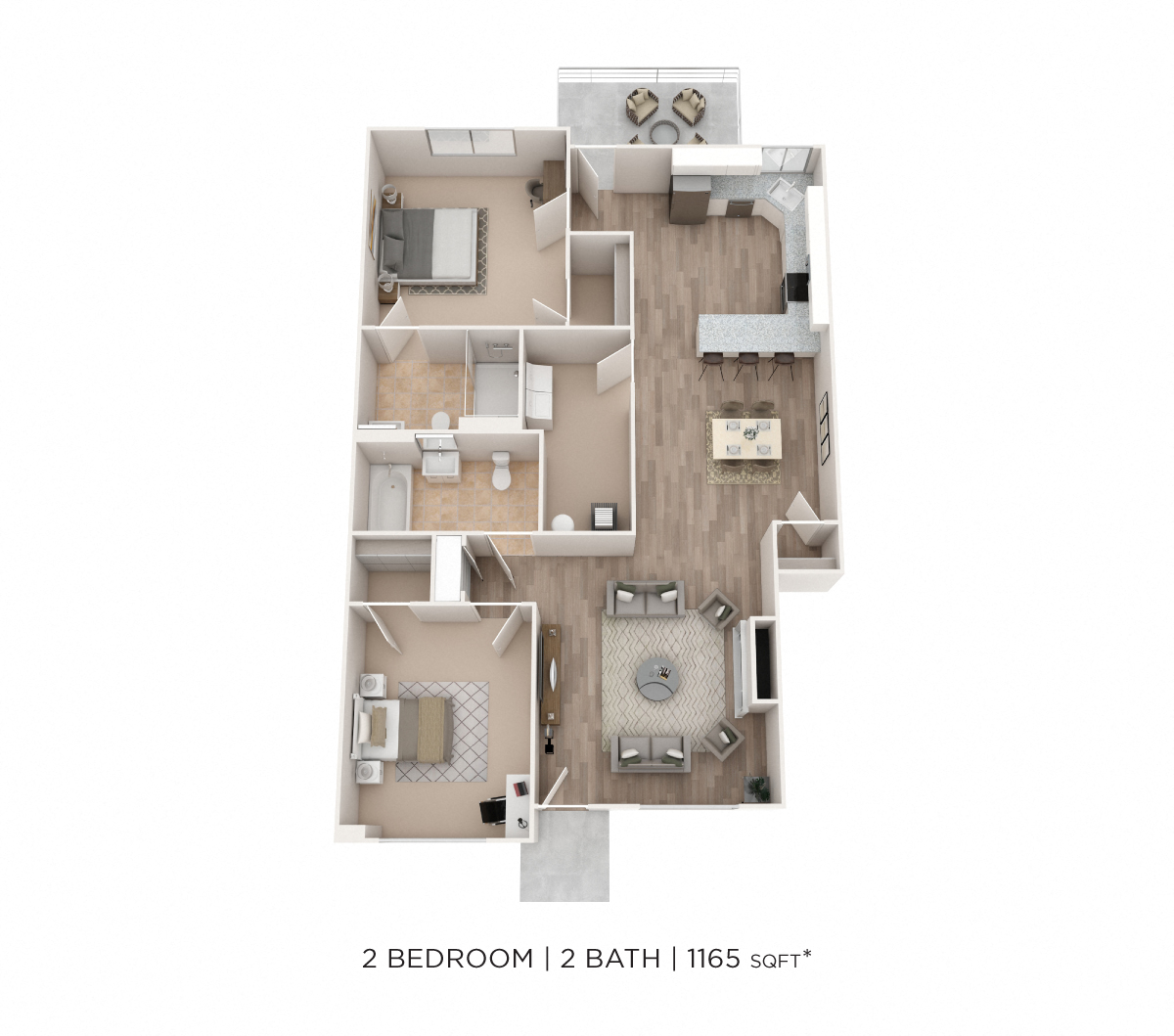 Floor plan for 2 beds, 2 baths, 1165 sqft