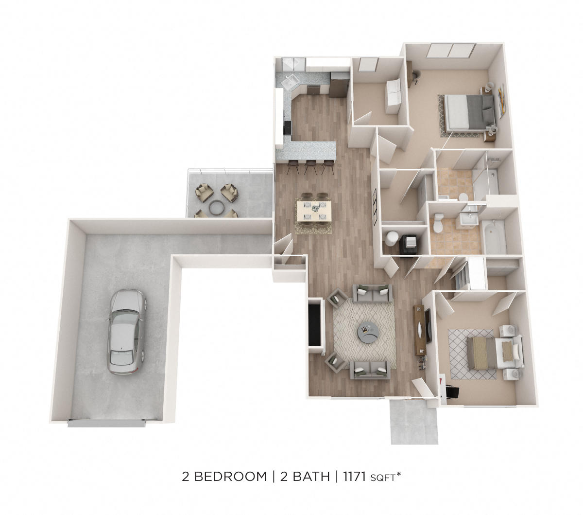 Floor plan for 2 beds, 2 baths, 1171 sqft