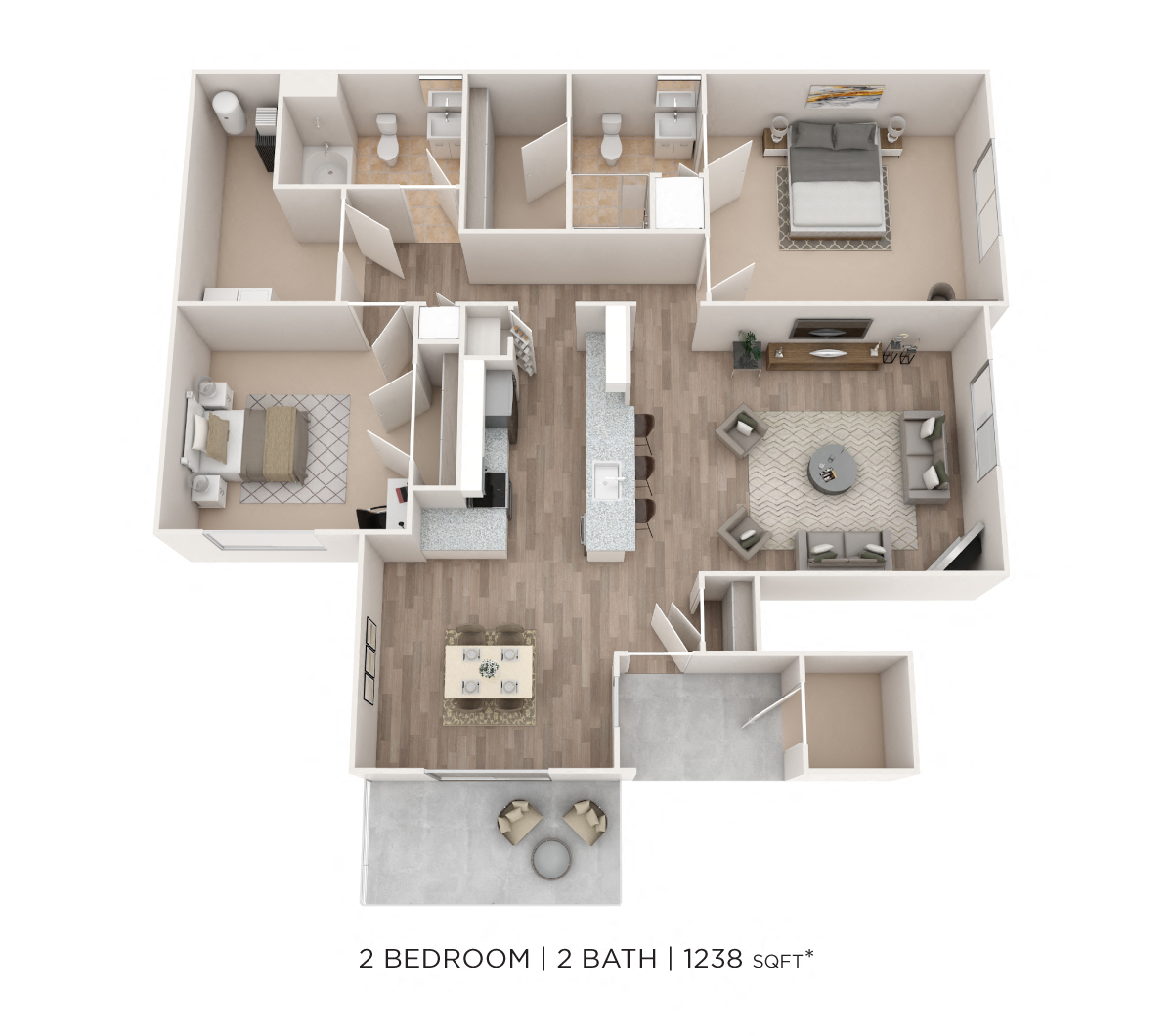 Floor plan for 2 beds, 2 baths, 1238 sqft