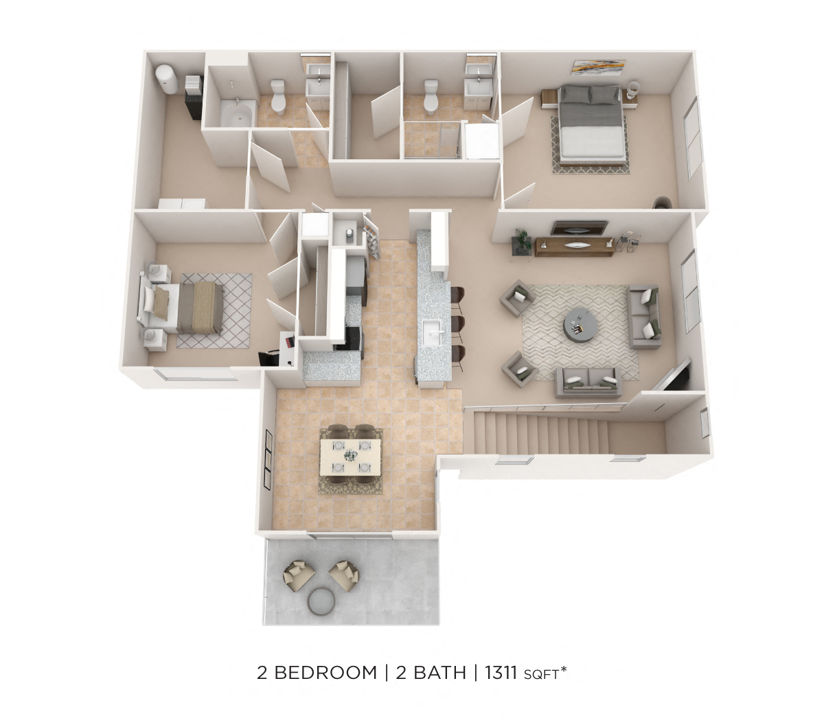 Floor plan for 2 beds, 2 baths, 1311 sqft