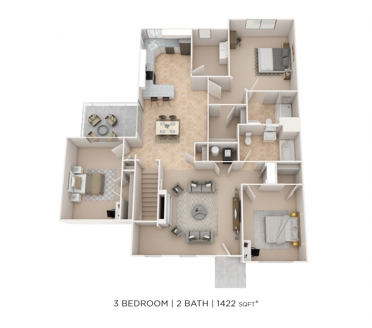 Floor plan for 3 beds, 2 baths, 1422 sqft