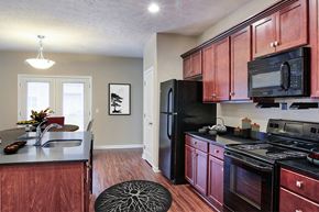 Rochester apartment for rent - a kitchen with black appliances and wooden cabinets