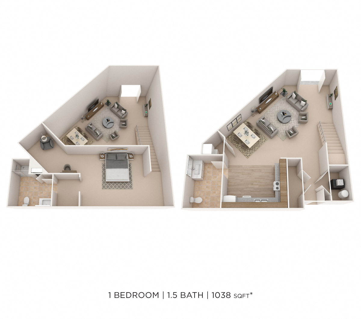 Floor plan for 1 bed, 1.5 baths, 1038 sqft