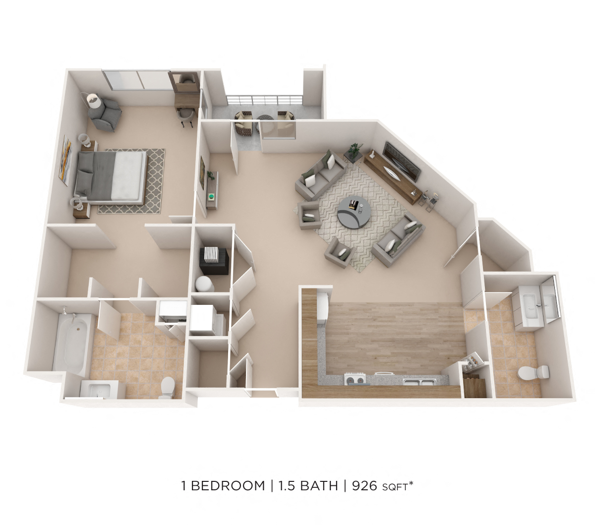 Floor plan for 1 bed, 1.5 baths, 926 sqft