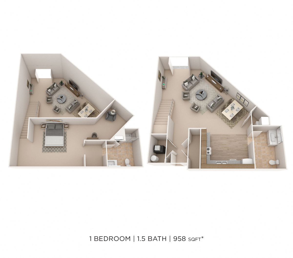 Floor plan for 1 bed, 1.5 baths, 958 sqft