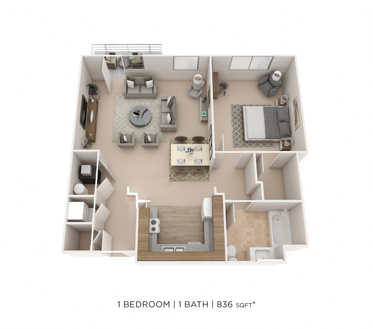 Floor plan for 1 bed, 1 bath, 836 sqft