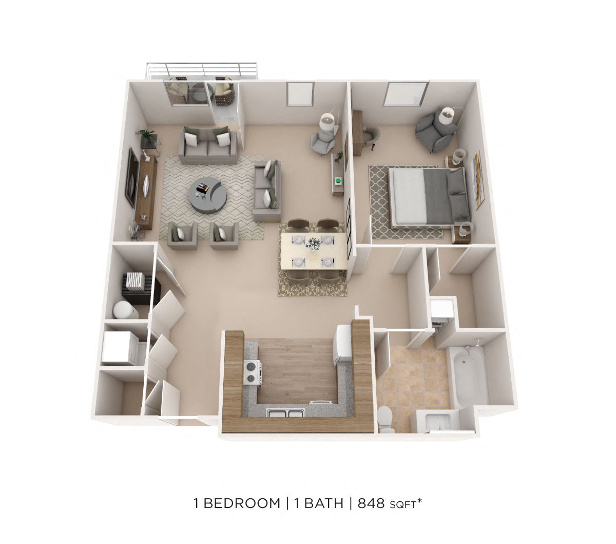 Floor plan for 1 bed, 1 bath, 848 sqft