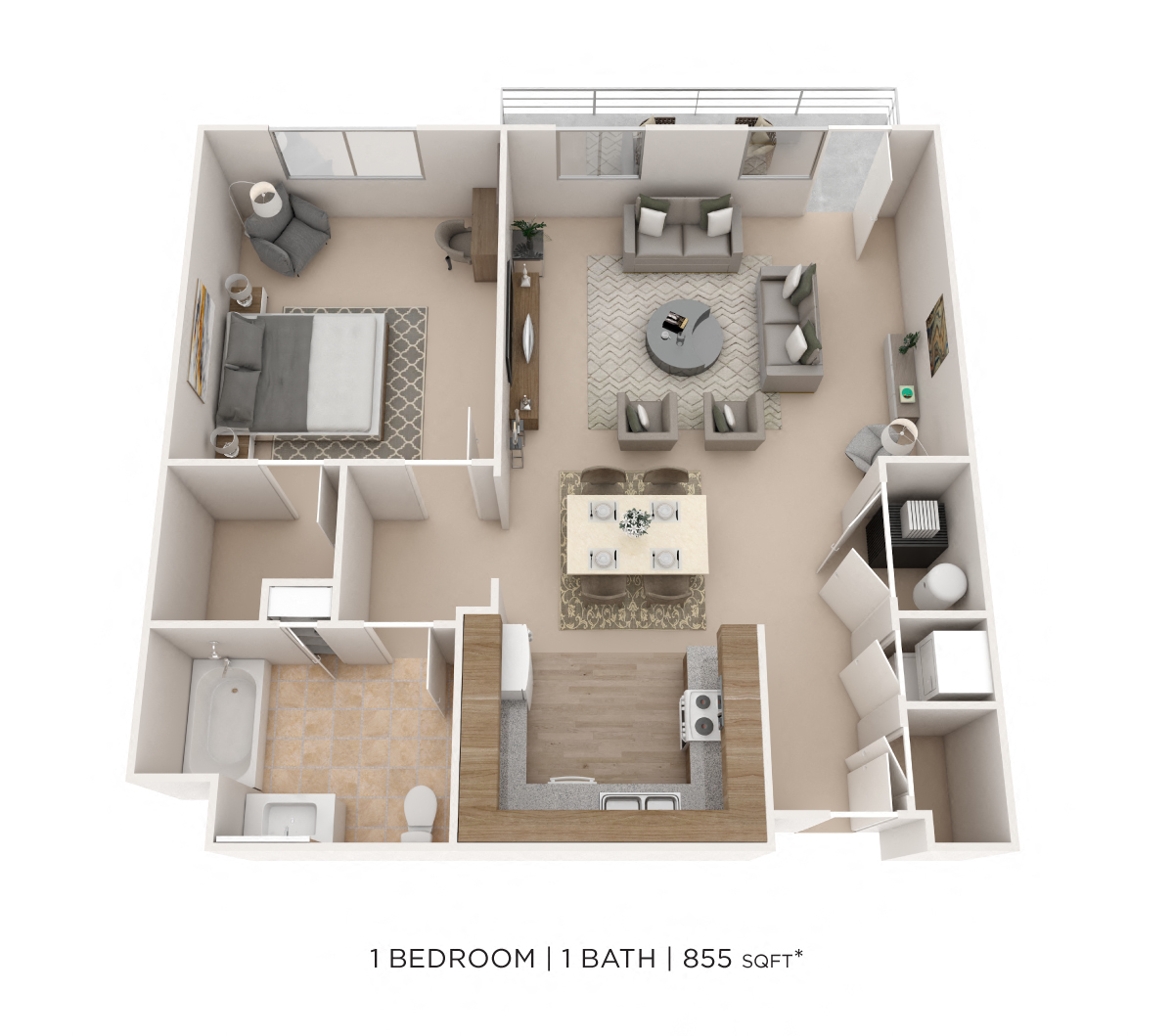 Floor plan for 1 bed, 1 bath, 855 sqft